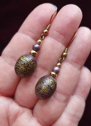 Винтажные серьги с керамическими бусинами шоколадного цвета, украшенными золотым флористическим рисунком, европейский винтаж