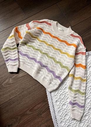 Бежева молочна кремова вʼязана кофта светр для дівчинки 6 років 116 см next некст ажурна з кольоровими зигзагами на осінь весну в школу
