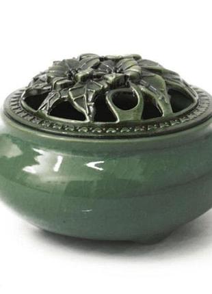 Керамическая аромалампа зелёного цвета "ледяной узор" 10x10x6 см для релаксации.
