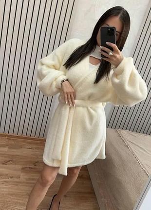 Мягкий нежный, как облачко укороченный кардиган с поясом, кофта, халат кардиган