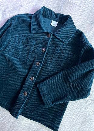 Детская изумрудная зеленая брендовая вельветовая теплая хлопковая рубашка - ветровка с карманами оверсайз на девочку 4 5 лет рост 110 next