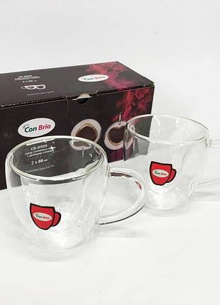 Набір скляних чашок із подвійними стінками (серце) con brio св-8908-2, 2шт, 80 мл