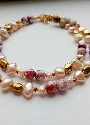 Намисто-жовтогарячі, натуральні баркові перли, муроно та золотистий гематит