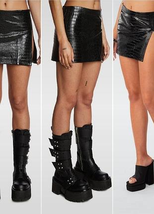 Юбка мини с разрезом, искусственная кожа крокодила, edikted.