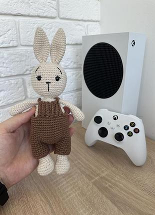 Мягкая вязаная игрушка/амигуруме заяц в коричневых штанишках