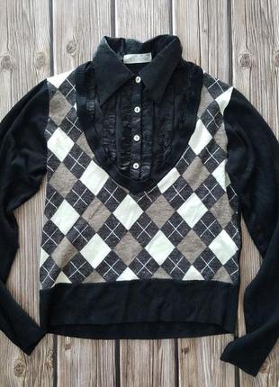 Кофта с воротником, свитер в клетку, черный свитер, черно бежевая кофта, офисная кофта