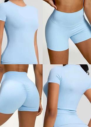 Голубой спортивный пуш-ап/пуш-ап костюм/комплект двойка: футболка и push up шорты, голубой женский набор для спорта/тренировок/фитнеса/зала