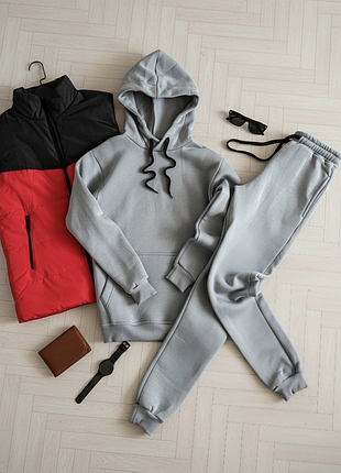 Комплект 3в1 худи штаны жилетка теплый базовый спортивный повседневный костюм на флисе безрукавка осенний зимний унисекс парной мужской женской топ