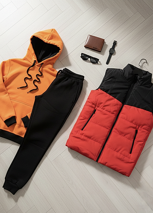 Комплект 3в1 худи штаны жилетка теплый базовый спортивный повседневный костюм на флисе безрукавка осенний зимний унисекс парной мужской женской топ