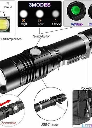 Тактический фонарь bailong bl-518/8518-t6 3 режима работы zoom с/в microusb кейс, карманный мини фонарик