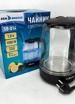 Чайник електричний seabreeze sb-014 1.8 л 1800 вт, прозорий чайник з підсвічуванням, електрочайник