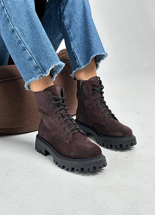 Ботинки женские замшевые шоколадные байка мех деми зима осень шоколадного цвета коричневые