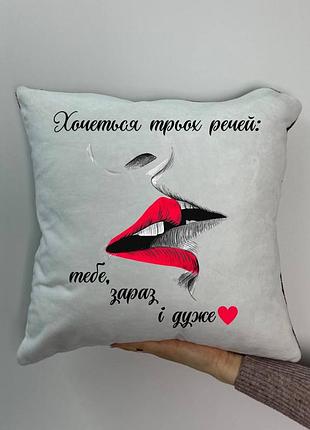 Подушка с принтом плюшевая хочется трех вещей, 35х35 (1770)