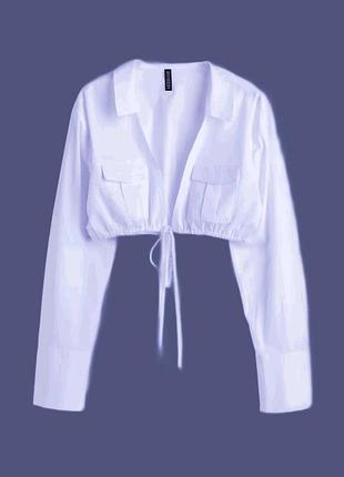 Укороченная блуза топ сорочка h&m s на завязке с длинным рукавом с карманами 100% коттон белая