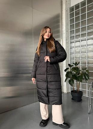 До -25 ❄ зимова матова тепла стьобана довга куртка пальто міді утеплена силіконом з капішоном високим воротом