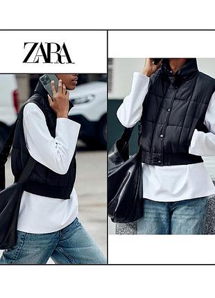 Трендовая жилетка xs-s zara утепленная водо- ветронепроницаемая стеганая демисезонная черная женская тепла жилет женский черный короткий осень