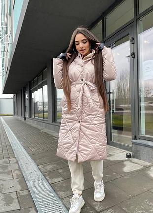 До -20 ❄ зимняя теплая стеганая длинная куртка пальто утеплена силиконом с капишоном под пояс