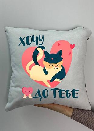 Подушка з принтом плюшева хочу до тебе, 35х35 (1812)