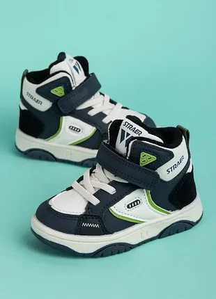 Ботинки для мальчиков bg1175-2 синие белые хайтопы деми на байке