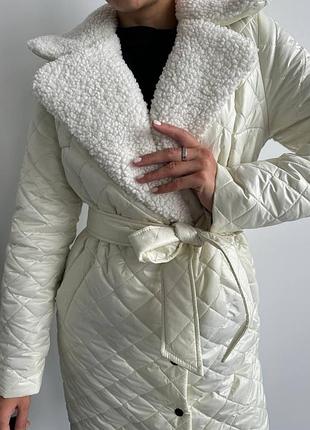 До -15 ❄ зимняя теплая стеганая длинная куртка пальто утеплена силиконом с воротом меховым тедди под пояс