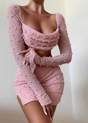 Распродажа костюм oh polly комплект сияющий расшитый жемчугом топ+ юбка с разрезом