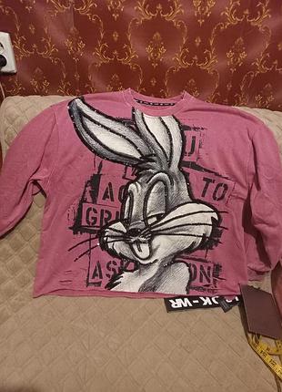 Стильный коттоновый свитшот петля 2-х нить с принтом зайца и пайетками. л-2хл.