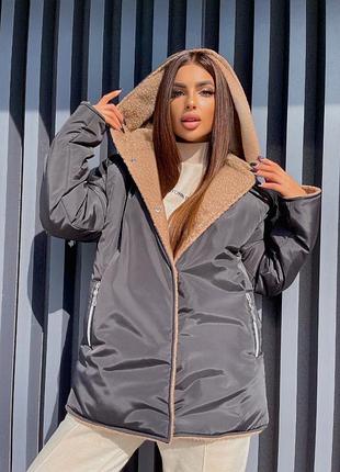 Двустороння  зимова куртка плащівка+екохутро овчина