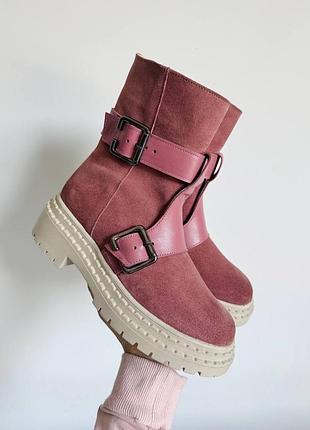 Жіночі черевики натуральна замша та шкіра темна пудра