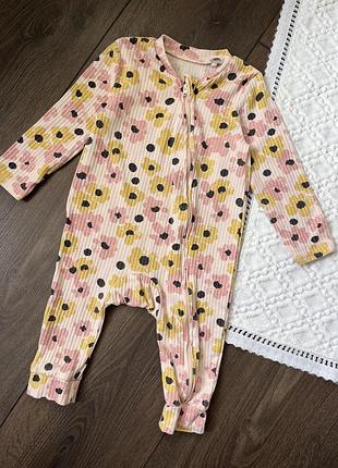 Рожевий персиковий ромпер чоловічок в рубчик на замочку з квітами для дівчинки 6-9 міс 74 см