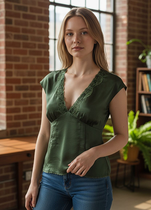 Красивая шелковая блуза с декором болотного цвета