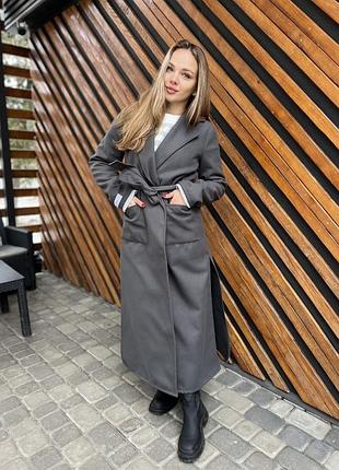 Кашемировое серое длинное пальто женское под пояс на запах универсальный размер 498