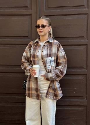 Жіноча сорочка в клітинку фланель на ґудзиках шоколадна синя