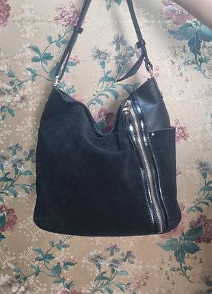 Сумка черная, кожа, замш, лак