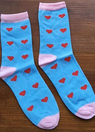 Блакитні жіночі шкарпетки з рожевим в сердечка 34 35 36 37 38 39
