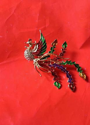 Брошь птица феникс со стразами эмаль