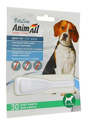 Капли от блоx и клещей для собак animall vetline spot-on 10-20 кг 4 мл (4820150201937)