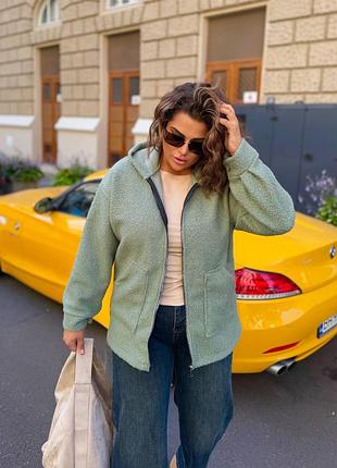 Теплий кардиган букле баранчик на флісі оливкового кольору 🌿
