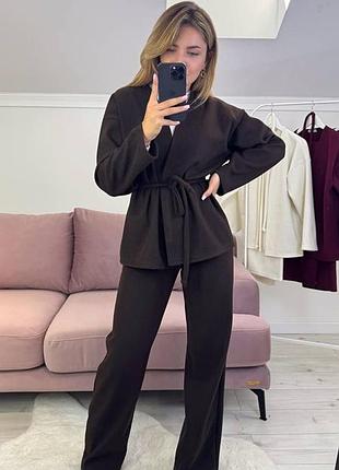 Затишний жіночий костюм з ангори подовжений кардиган на запах вільного крою з довгим рукавом та поясом і штани вільного крою на резинці з кишенями