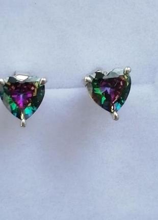 Серьги серебряные сердце серденько, пияшки, хамелеон кристаллы подарок подруге, сестре, девушке, гвоздик