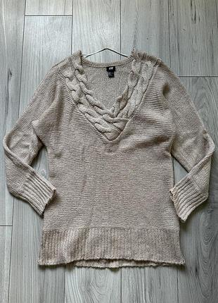 Вʼязаний светр туніка з v-подібним вирізом та косами кофта