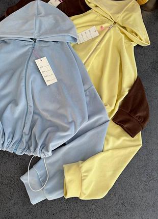 Велюровый костюмчики на затяжках, худи и широкие брюки джоггеры, палаццо, спортивный костюм брючный