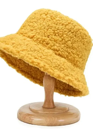 Панамка тепла на зиму жовта панама тедді шапка на зиму панама зимова з овечої вовни барашек панамка жовтого кольору тёплая на зиму