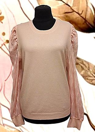 Вискозный трикотажный тонкий  свитер свитшот с ажурными рукавами