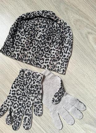Комплект шапка и перчатки тонкая вязка леопард
