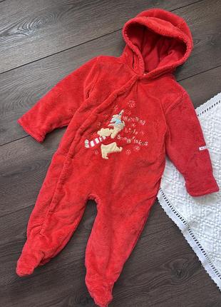 Теплий махровий чоловічок сліп комбінезон з капюшоном в коляску на вулицю червоний вінні пух різдво 9-12 міс 80