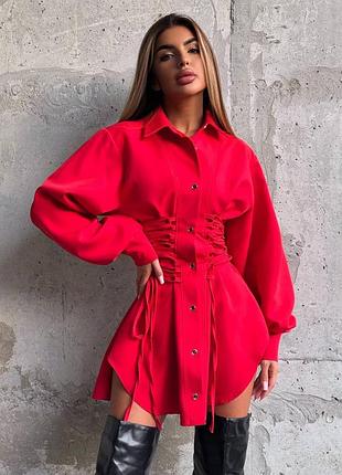 Червона сукня-сорочка зі шнурівкою на талії, сукня сорочка на гудзиках, плаття-рубашка з вирізами