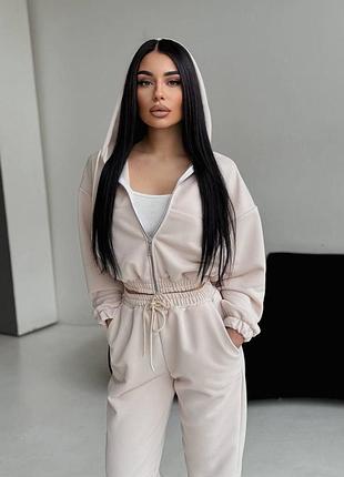 Повсякденний жіночий спортивний костюм укорочений зіп худі з капюшоном на блискавці та на резинці по низу і штани джогери вільного крою на резинках