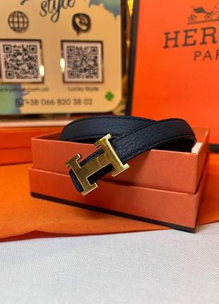 Ремень тёмно синий натуральная кожа ермес бренд пряжка золото