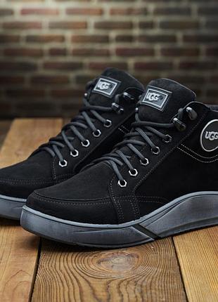 Мужские ботинки зимние на меху натуральный нубук черного цвета, мужественные ботинки ugg 700