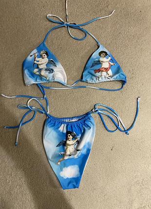 Купальник роздільний бікіні на зав’язках та ліф трикутники пуш ап принт янголи shein